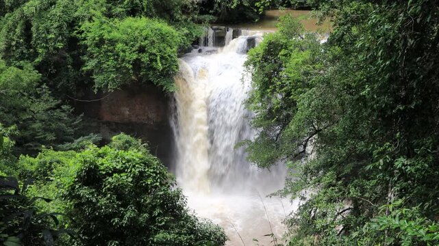 The beautiful nature backdrop of the Haew Narok waterfall in Khao Yai National Park is a stunning feature of the forest and a popular destination for tourists.