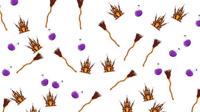 Halloween Seamless Pattern with Magic Brooms, Potions, and Spooky Castles