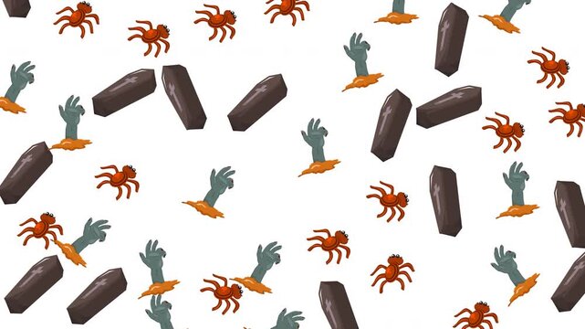Halloween seamless pattern featuring spiders, wooden coffins and zombie hands