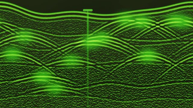 Ground Penetrating Radar B-Scan Section With Glowing Diffraction Hyperbola Echoes, Seamless Loop in rich green tones