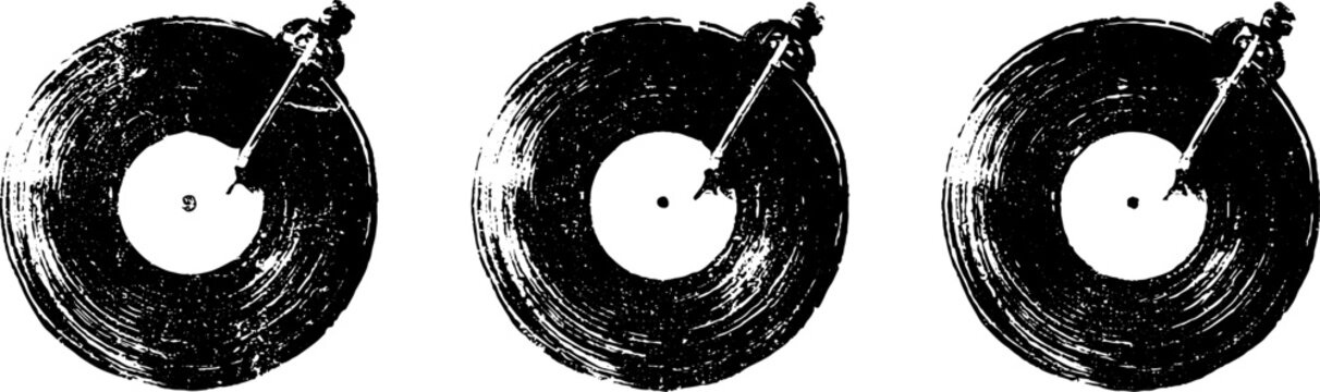 Grunge black vinyl record trio stencil with tonearms and textured distressed effect for dj poster background and music design