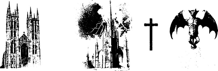 Obraz premium Grunge black gothic cathedral and bat stencil set with cross and storm textures for horror poster and background design