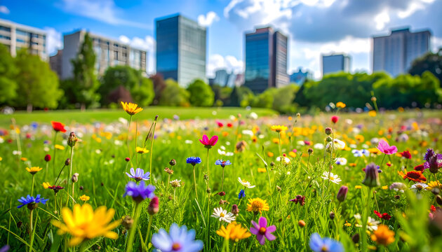 Wildflower meadow in a city park with colorful blooming flowers and blurred modern skyscrapers in the sunny summer background