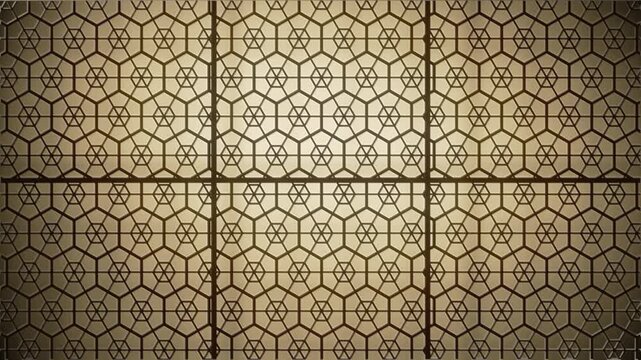 Japanese Kumiko Wood Lattice Backlit Shoji Screen Asanoha Pattern Seamless Loop in rich walnut tones