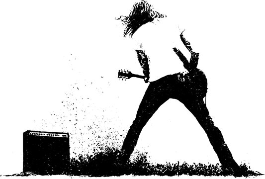 Grunge black and white stencil of a guitarist playing outdoors with amplifier for poster background and band artwork design