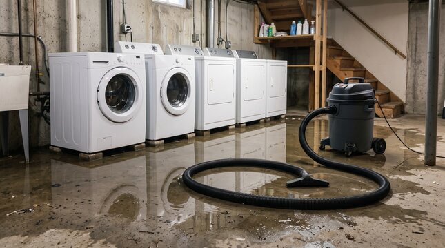 Clean and organized laundry room with washing machines and wet vacuum in basement