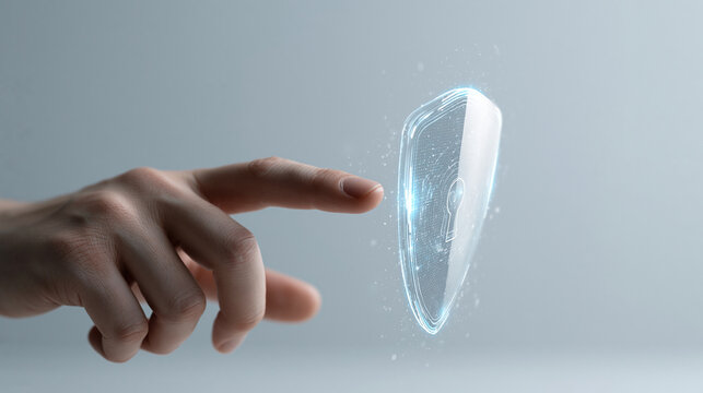 A hand reaching towards a glowing digital shield, symbolizing cybersecurity.