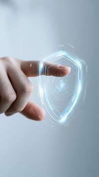 A hand interacting with a glowing digital shield symbolizing protection and security.