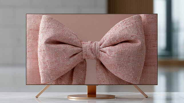 Sleek modern television showcasing a textured pink bow design against a minimalist background.