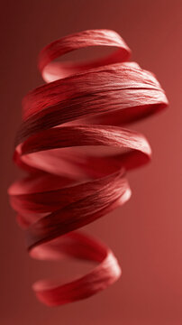 A vibrant red ribbon elegantly spirals in mid-air, showcasing its textured surface.