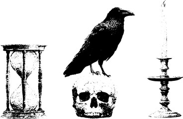 Naklejka premium Grunge black and white raven on skull hourglass and candle stencil set for gothic poster and tattoo design