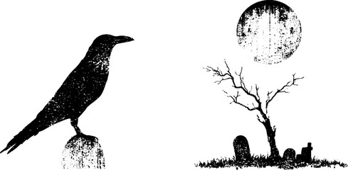 Naklejka premium Grunge black and white perched raven and graveyard stencil scene with moon and leafless tree for halloween poster background and haunting design use