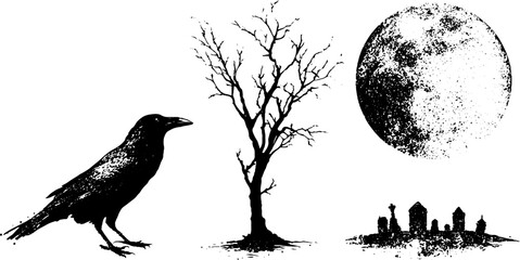 Naklejka premium Grunge black and white stencil set of raven tree moon and grave silhouettes arranged for halloween poster and background design elements