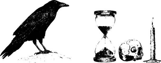 Naklejka premium Grunge black and white raven hourglass skull and candle stencil set for gothic poster background and dark design