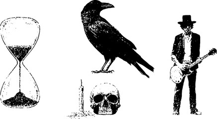 Naklejka premium Grunge black and white stencil set with raven hourglass skull candle and guitarist for halloween poster background and stencil design