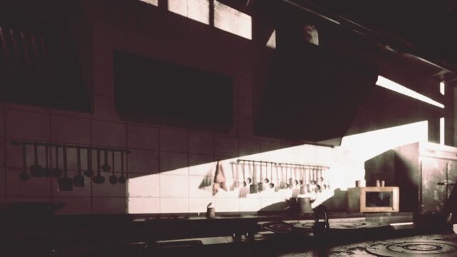 Sunlight enters a quiet kitchen, creating shadows on the wall. Utensils hang above the counter. The space feels open and unused in the early morning.
