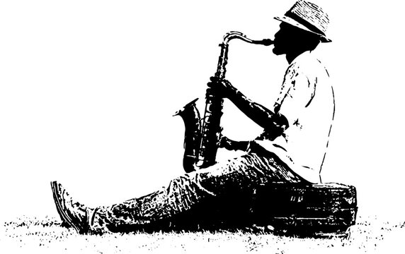 Grunge black and white saxophone player street musician stencil silhouette for poster background and music banner design