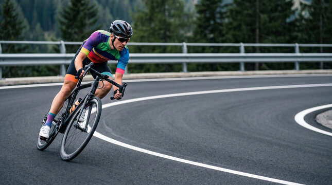 Cyclist riding bicycle on mountain road curve. Professional athlete wearing helmet competing in cycling race. Training at speed in sportswear. Active lifestyle and endurance sport.