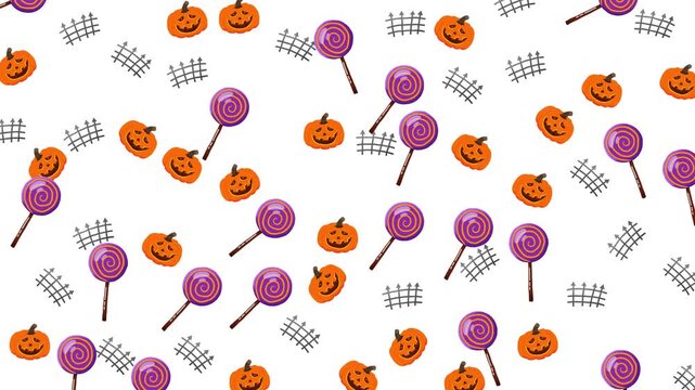 Halloween seamless pattern with pumpkin, lollipop, and fence on white