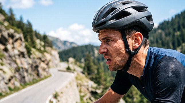 Cyclist climbing steep mountain road during professional bike race. Determined athlete wearing helmet pushing hard in summer training. Concept of endurance, sports challenge and success.