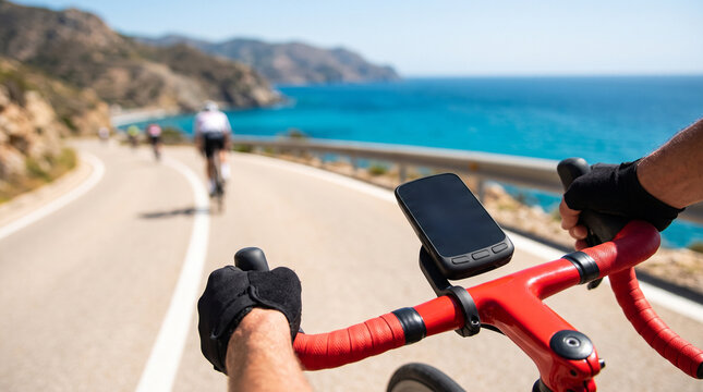 Cyclist riding bicycle on coastal road during cycling race POV. Athlete following group of riders along sea view. Professional endurance sport training, activity and fitness concept.
