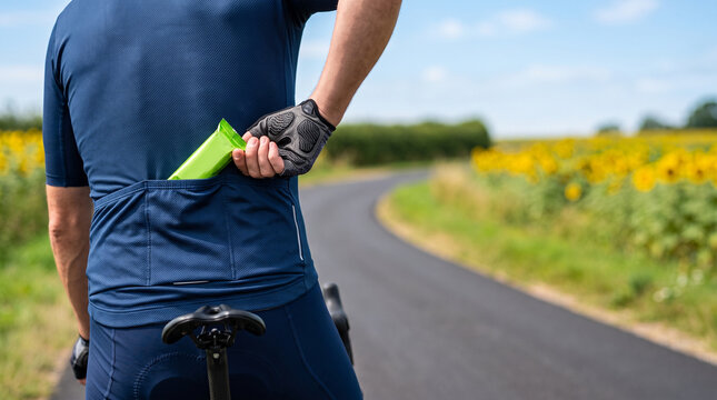 Cyclist putting energy bar into jersey pocket during road bike race. Man athlete preparing for endurance activity. Sports nutrition and fueling concept for professional cycling competition.