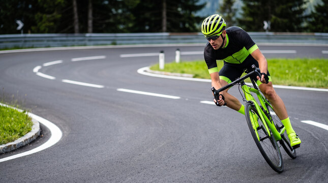 Cyclist man racing on road bike along mountain curve. Professional athlete in sportswear cycling downhill during speed competition. Outdoors training and extreme recreation concept.