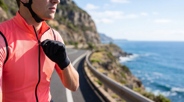 Cyclist zipped in neon jersey preparing for endurance road race. Male athlete adjusting cycling gear on coastal highway. Sport training, healthy lifestyle and active outdoor recreation.