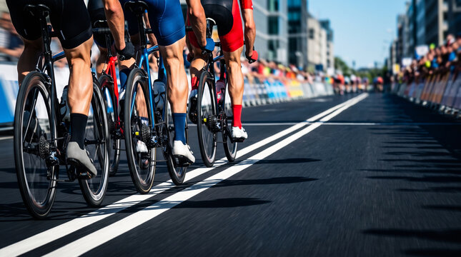 Cyclists racing on city road. Group of professional man riding bicycle in competition. Motion blur of street in tournament. Speed, endurance and athletic outdoor sport activity concept.