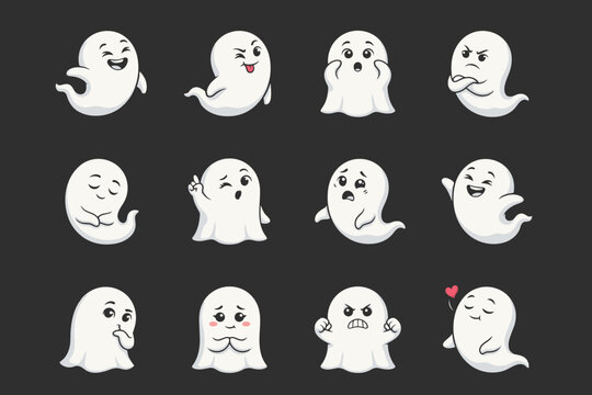 Cute ghost cartoon characters with various emotions set