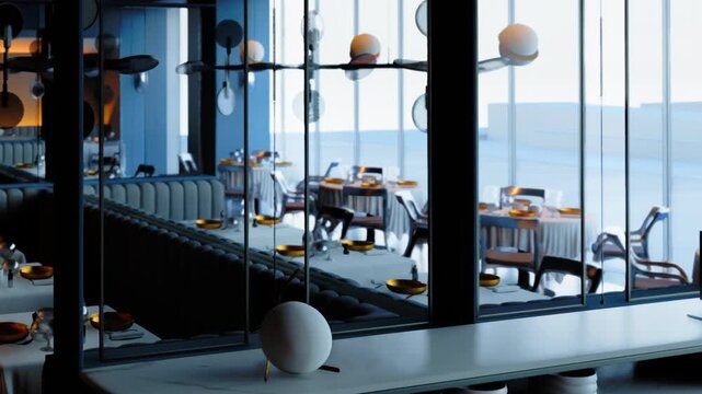 The setting shows a modern restaurant with empty tables arranged neatly. Large windows reflect the interior decor and lighting. The scene conveys a quiet atmosphere during daytime.