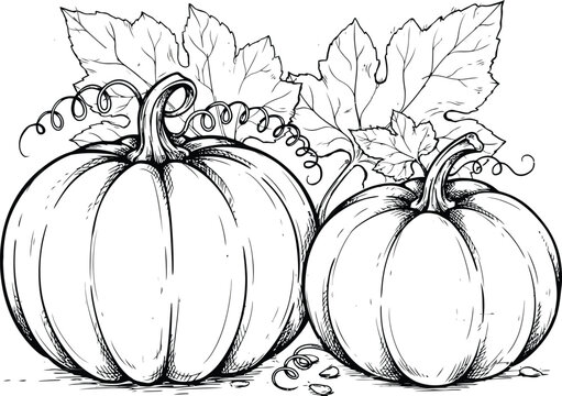 Pumpkin coloring page with autumn leaves vector line art
