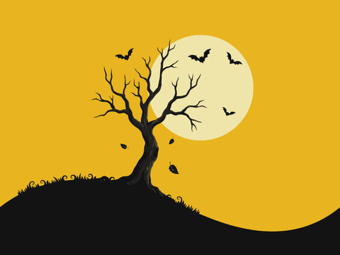 Halloween background with spooky tree and bats