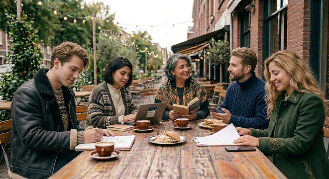 People having a lunch meeting in an outdoor setting. 