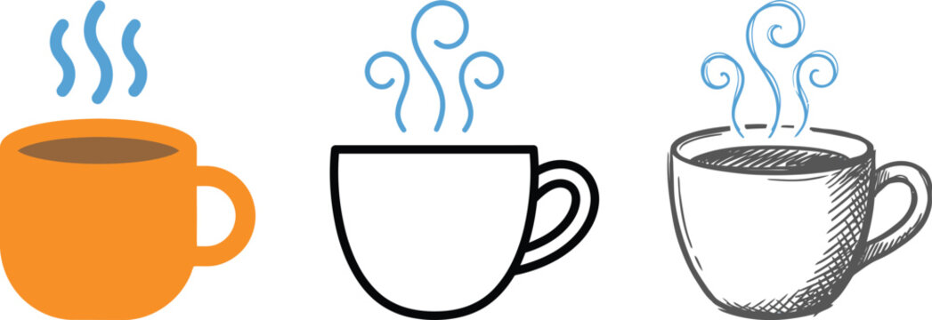Coffee cup icons vector set with steam and hot drinks
