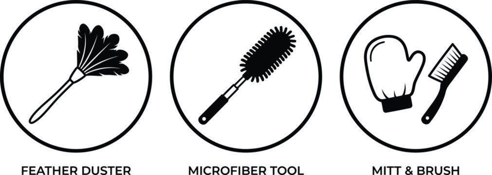 Cleaning tools set icons with duster brush and mitt