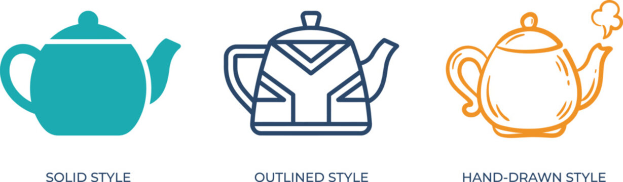 Teapot icons set in solid outline and sketch styles