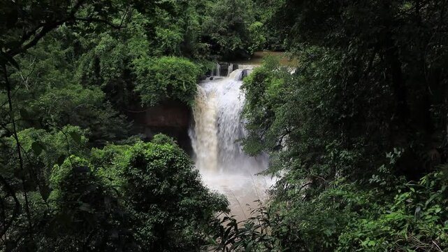 The beautiful nature backdrop of the Haew Narok waterfall in Khao Yai National Park is a stunning feature of the forest and a popular destination for tourists.
