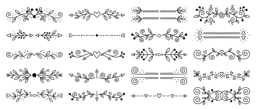 Divider border line set. Hand drawn line doodle style floral divider elements. Flower, vine leaf ornament arrow heart border frame vintage decoration. Vector illustration