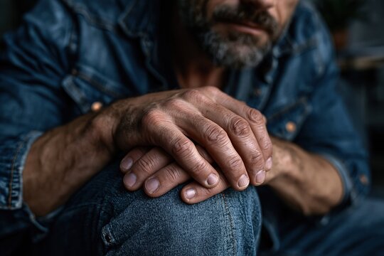 Clasped Hands of a Man in Denim