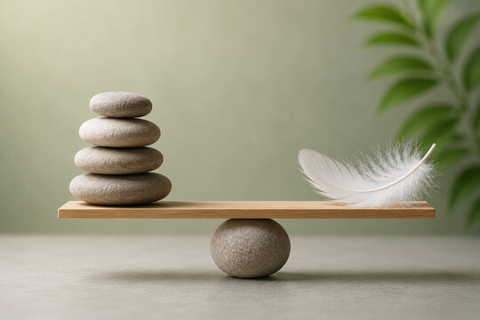 Work Life Balance Concept with Stacked Stones and Feather on Balanced Seesaw