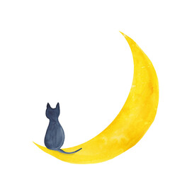 Watercolor Black Cat Sitting on a Crescent Moon, Back View © Tsuki Usagi