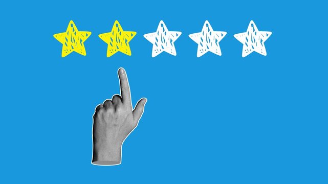 A hand with an extended index finger moves left and right while pointing at a row of doodle stars on a blue background, halftone pop art loop animation, customer rating concept.