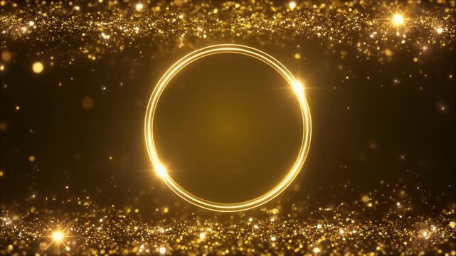 Gold Ring Frame Background with Glowing Light Circle and Sparkling Gold Particles, Luxury Award and Logo Reveal Backdrop