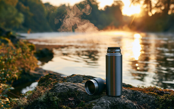 Outdoor relaxation and nature escape, steaming hot tea in a thermos by a tranquil river at sunset, camping and adventure