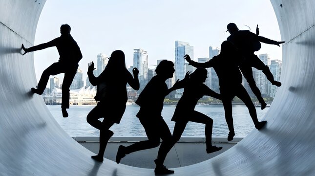 Silhouettes of Dancing People and Girls Celebrating Together, Energetic Dance Party Scene, Movement, Joy, Music, Fun and Dynamic Social Gathering Concept