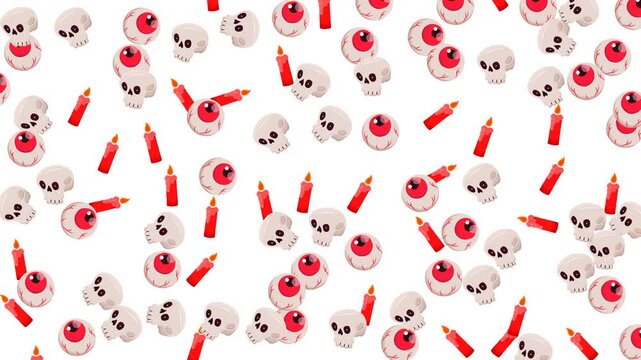 Halloween seamless pattern with skulls eyeballs and red candles on white