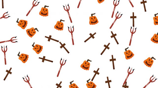 Halloween seamless pattern with pumpkins, crosses and pitchforks on white