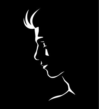 An illustration of a young man&rsquo;s face against a black background.