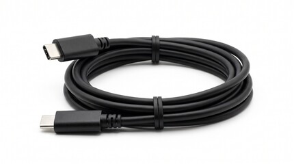 Fototapeta premium Black USB Type C Cable coiled on a white background with two cable ties